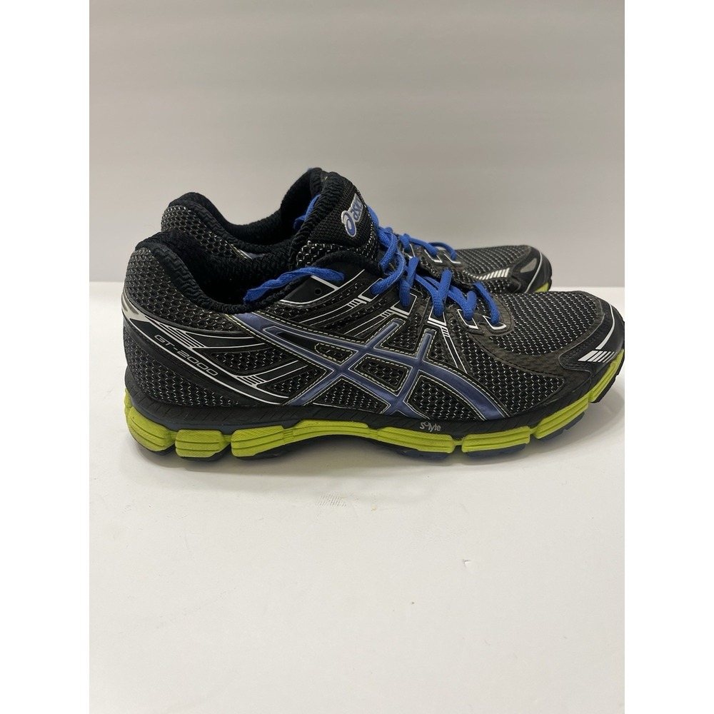 Asics Black Running Shoes with Blue Accents and Lime Green Sole